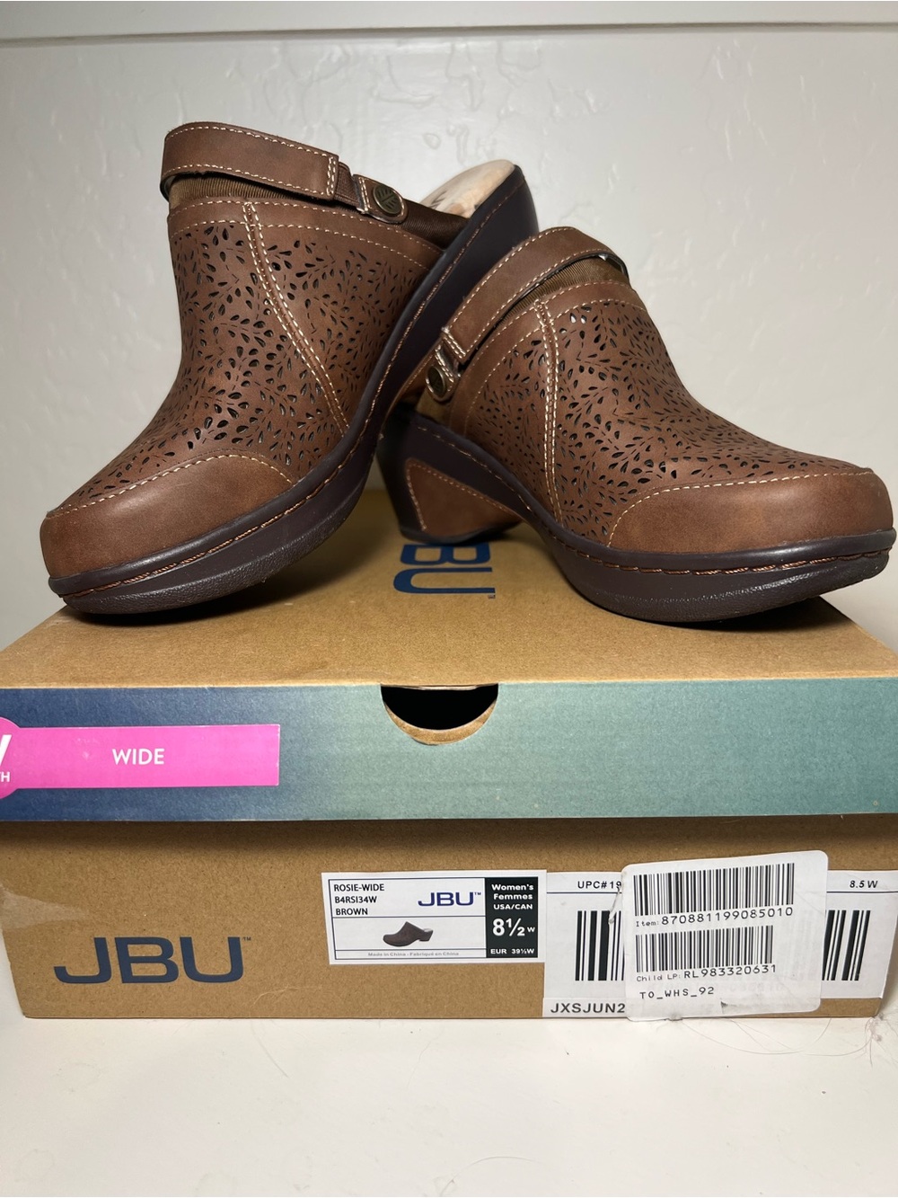 JBU Brown Perforated Clog Mules with Adjustable Strap